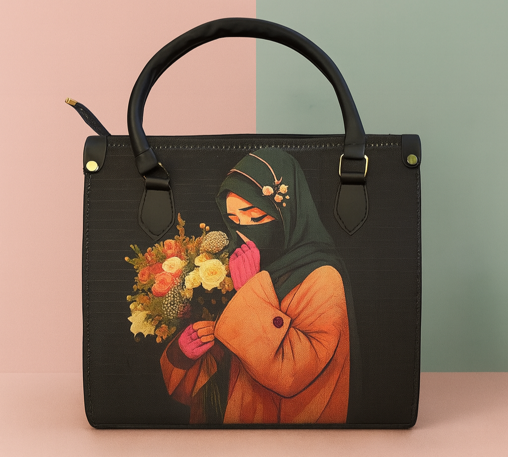 Black handbag with a woman holding flowers design on a two-tone pink and green background, with 'Womanity' text above.