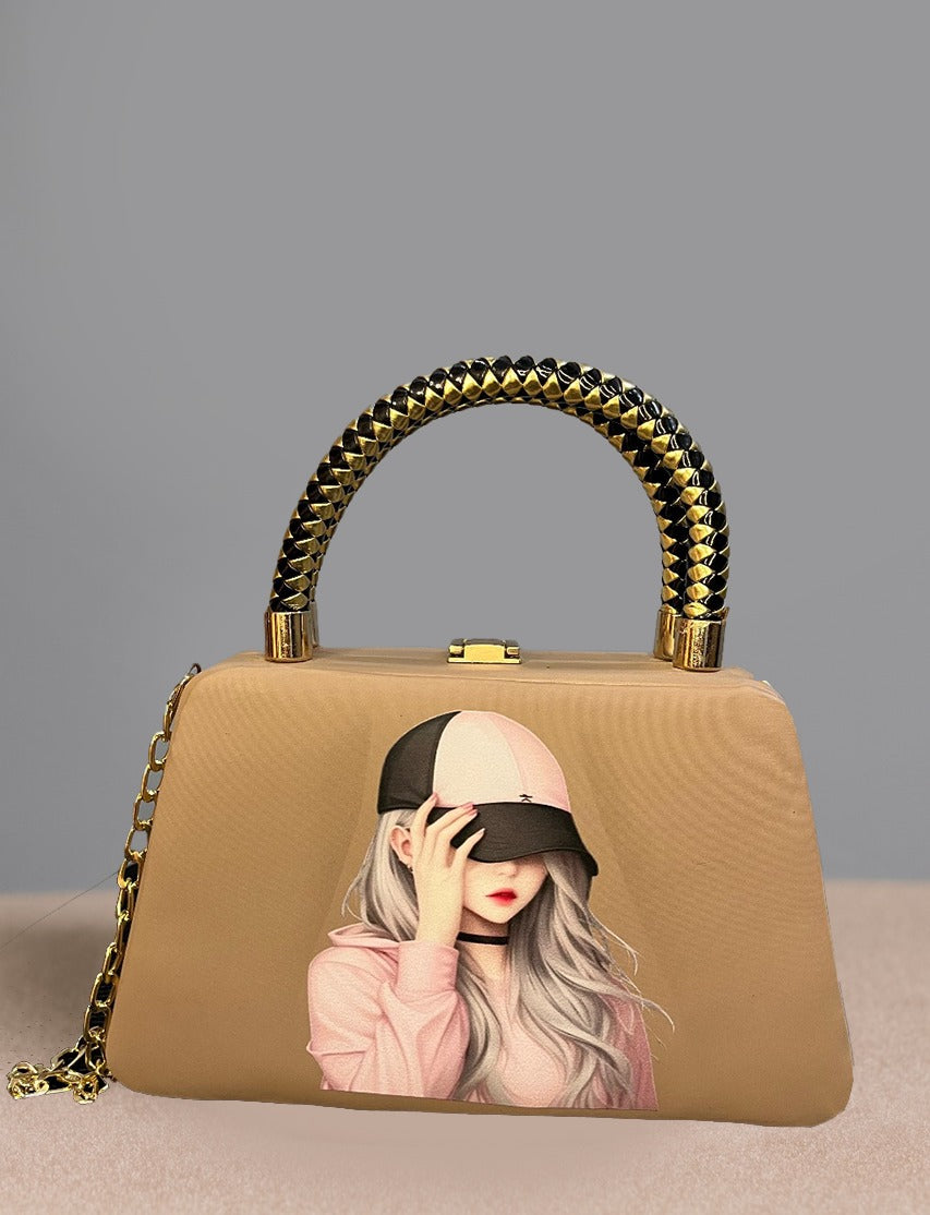 Gold Handle Girl Print Frame Bag