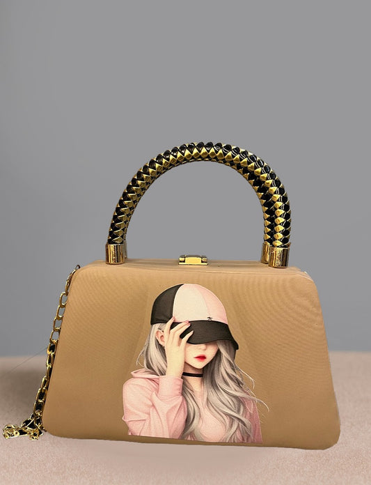 Gold Handle Girl Print Frame Bag